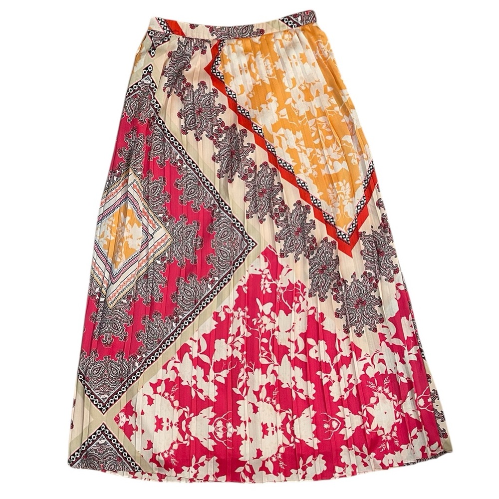 CHICOS Scarf Print Vibrant Pink Blue On White Knife Pleated Midi Skirt Small